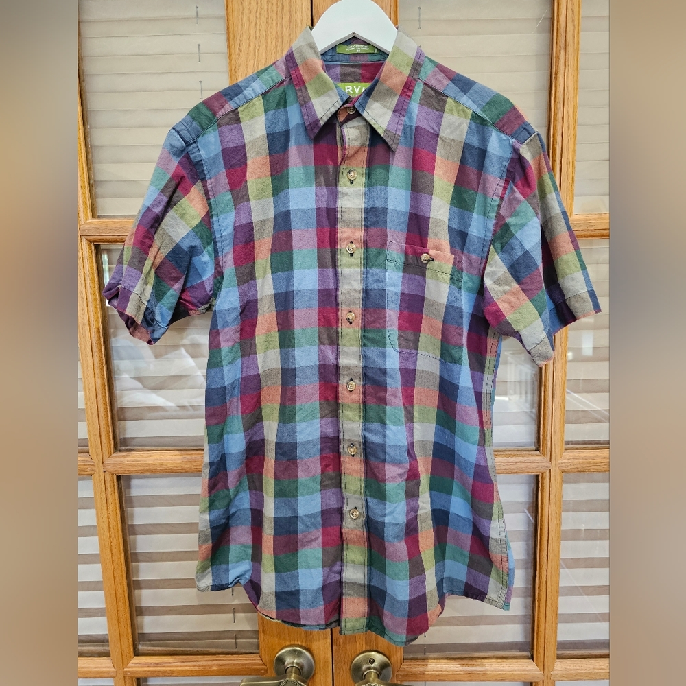 Orvis Mens Button-Up‎ Shirt Green Blue Plaid Short Sleeve Pocket Size Large